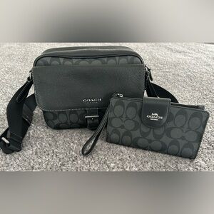 Coach Hudson Signature Black/Charcoal Bag and Wristlet/Wallet Set